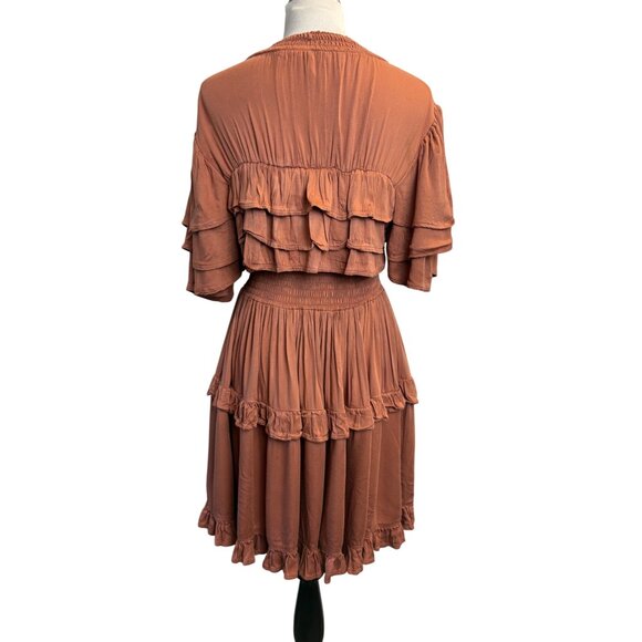 Women’s Ruffle Tiered Dress Smock Waist Romantic Dress Rust Brown BaliElf Hand - Picture 10 of 10